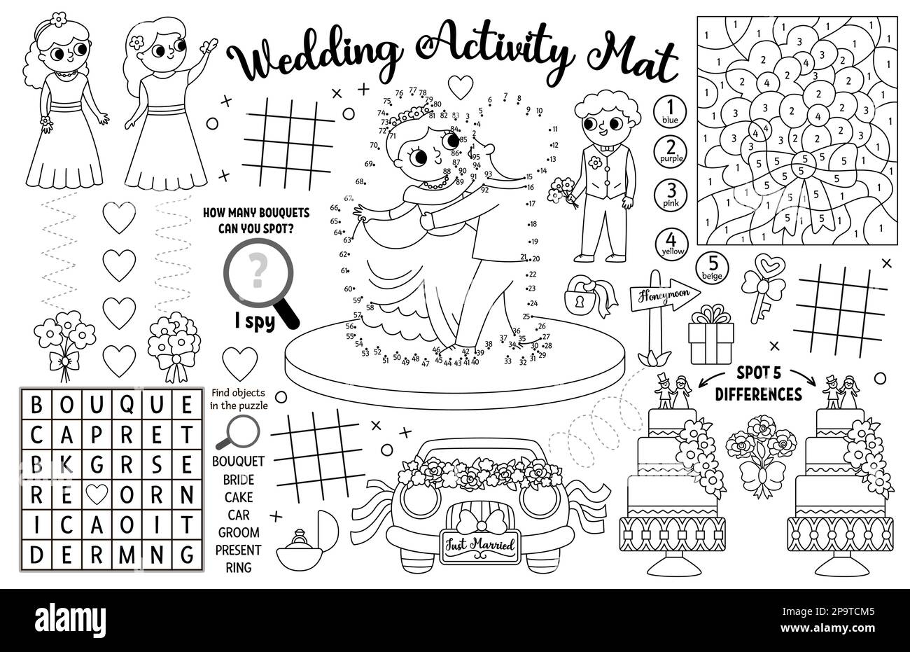 Vector wedding placemat for kids. Marriage ceremony printable activity ...