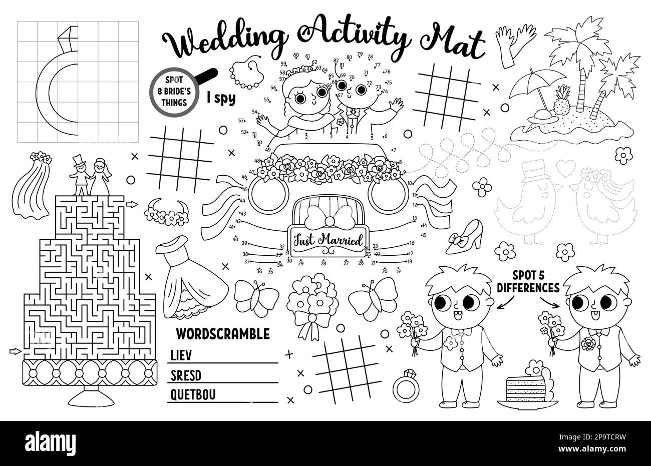 Vector wedding placemat for kids. Marriage ceremony printable activity