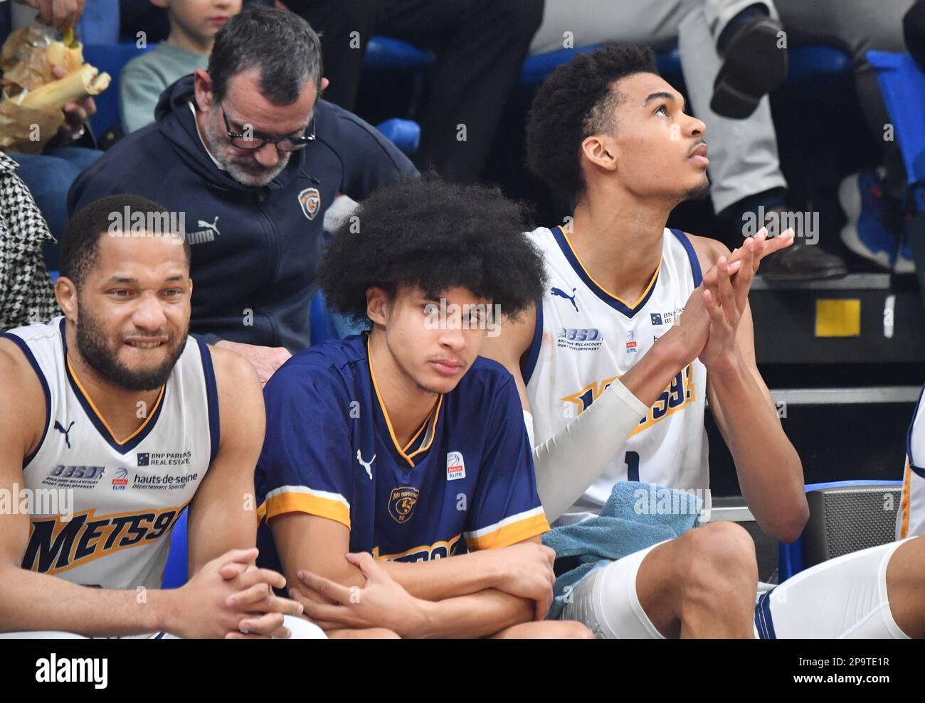 Levallois Perret, France. 10th Mar, 2023. Metropolitan 92' power forward  Victor Wembanyama (R) fights for the ball with Nancy's Caleb Walker (2ndL)  during the French Elite basketball match between Boulogne-Levallois  Metropolitans 92