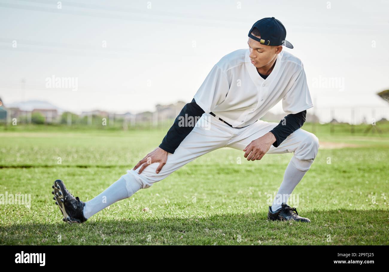 Baseball stadium, stretching or sports athlete on field ready for