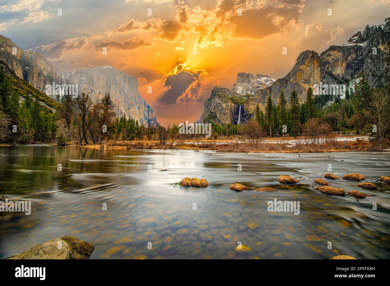 beautiful view in Yosemite valley with half dome and el capitan in ...