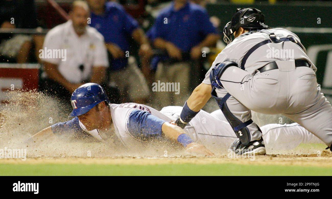 Texas Rangers' Michael Young during batting practice prior to a Major  League Baseball game against the Los Angeles Angels, Tuesday, July 8, 2008,  in Arlington, Texas. (AP Photo/Tony Gutierrez Stock Photo - Alamy