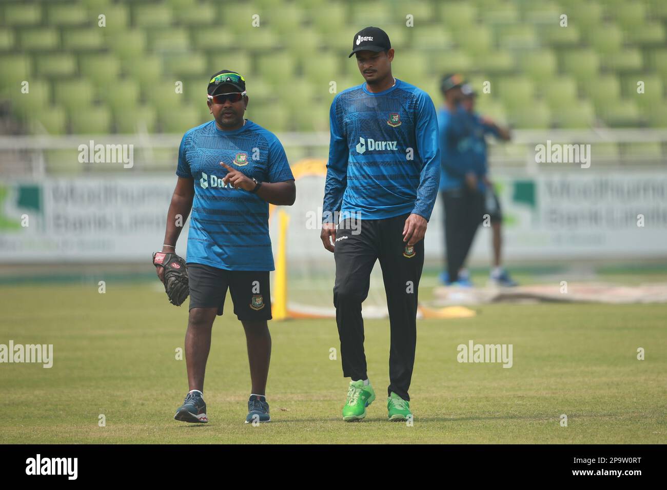 Spin bowling coach and spiner Nasum Ahmed as Bangladesh T20 Cricket Team attends practice ahead of the second match of the series at Sher-e Bangla Nat Stock Photo