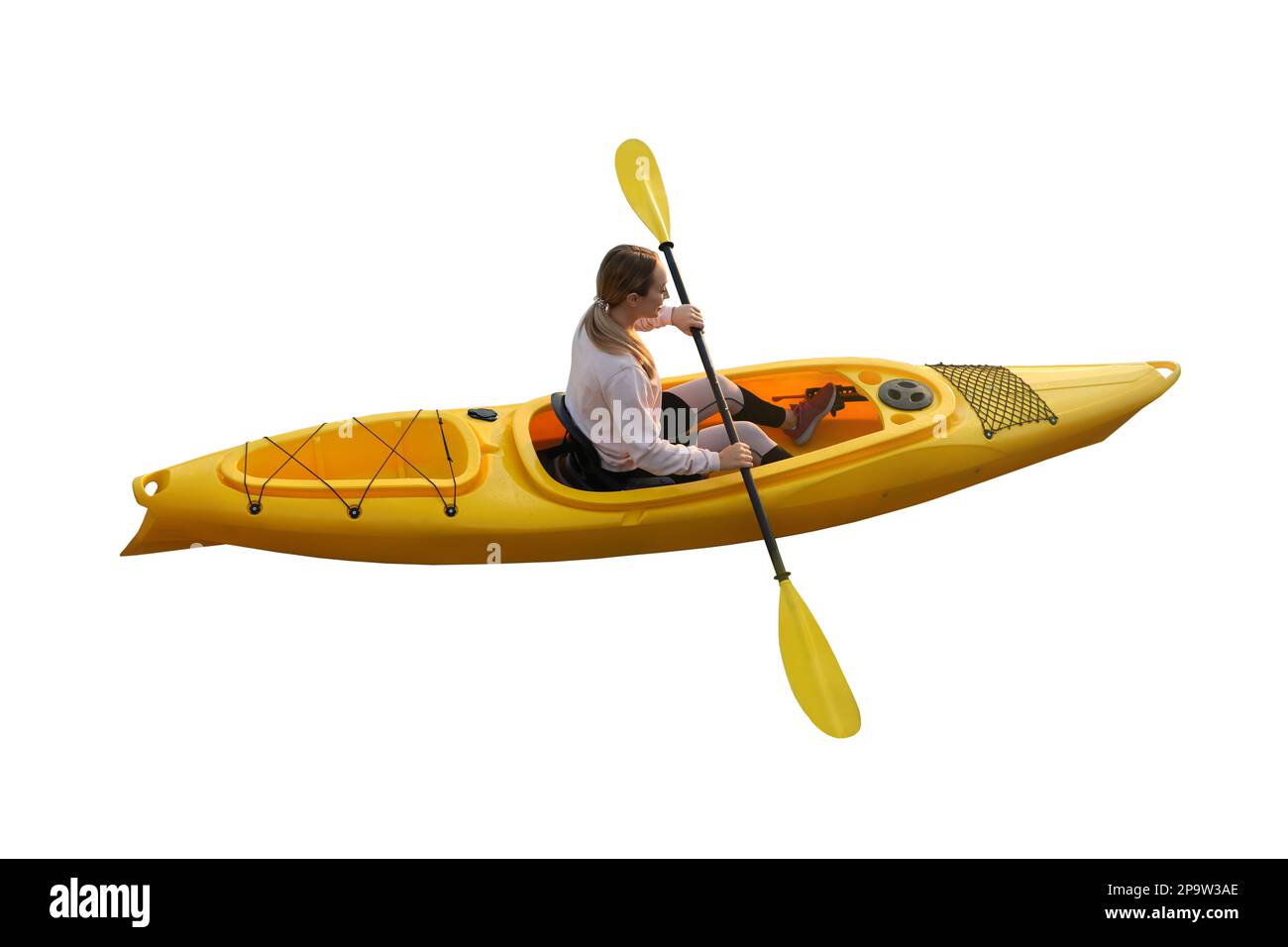 Young woman with paddle in kayak on white background Stock Photo