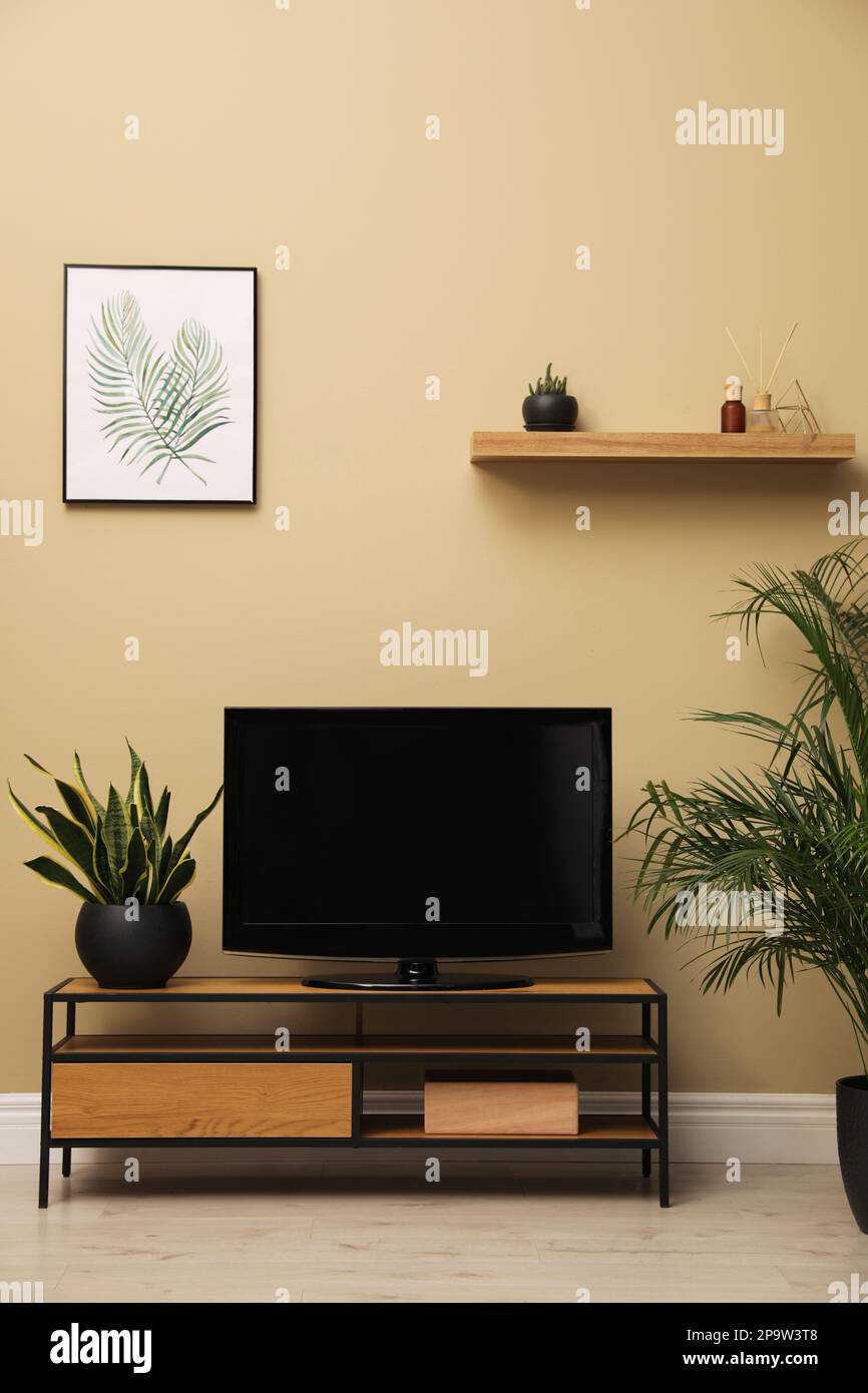 Modern TV on and green plants near beige wall in room. Interior