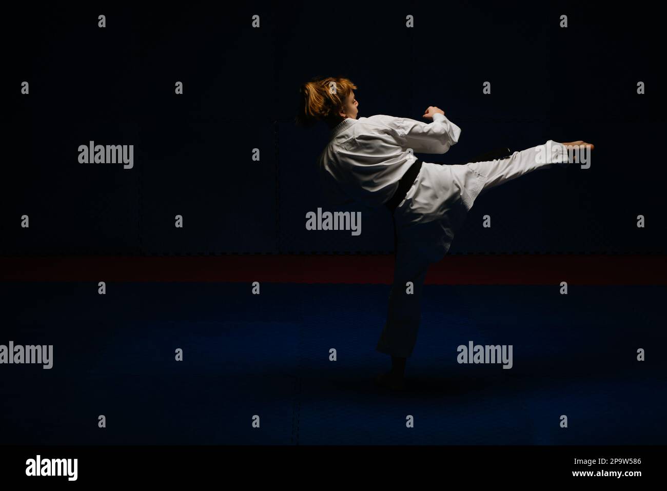 Karate teen girl doing the Mawashi Geri practice at the karate studio