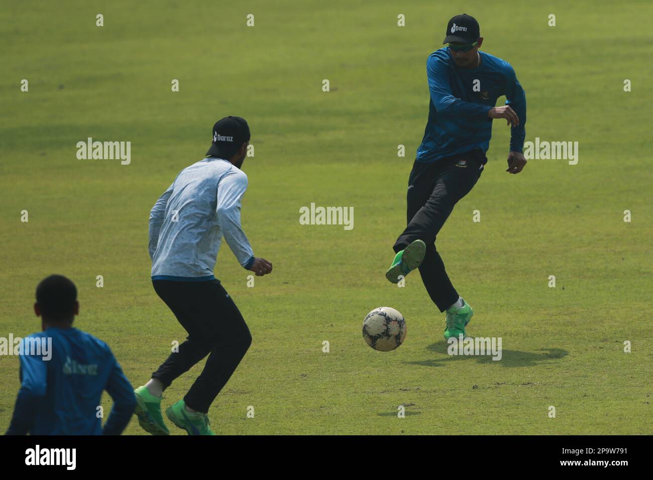 Nasum Ahmed plays football as Bangladesh T20 Cricket Team attends practice ahead of the second match of the series at Sher-e Bangla National Cricket S Stock Photo