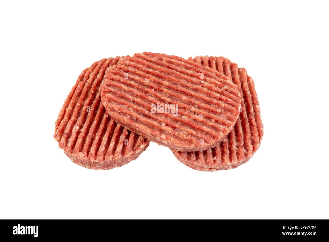 A closeup of three ground beef patties isolated on a white background