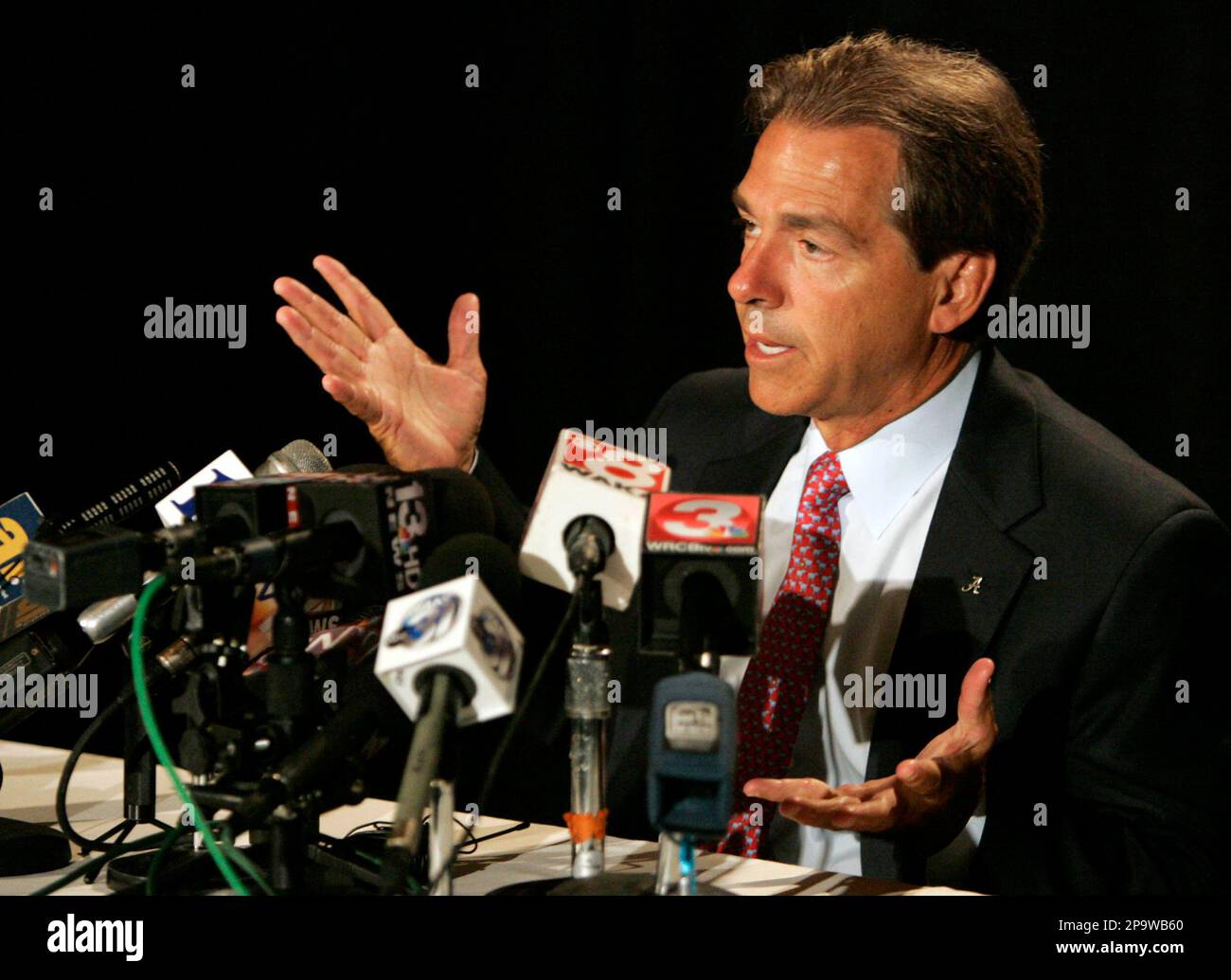 Alabama coach Nick Saban speaks to the media at the SEC football