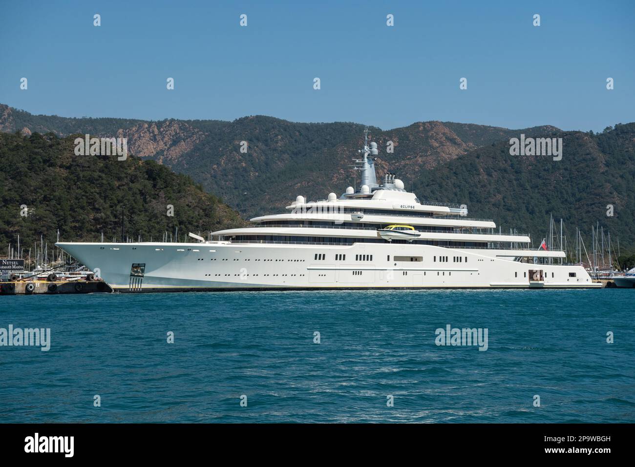 Marmaris, Turkey – March 25, 2022. M/Y Eclipse superyacht owned by Russian oligarch Roman Abramovich, in Netsel Marina port of Marmaris, Turkey. Built Stock Photo