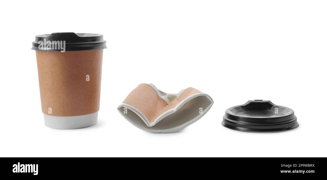 New and crumpled takeaway paper coffee cups on white background Stock