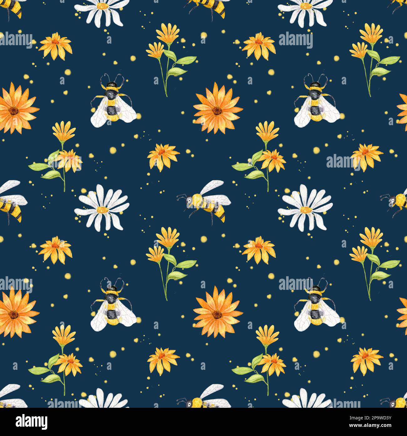 Bee pattern. Watercolor seamless pattern with chamomile flowers ...