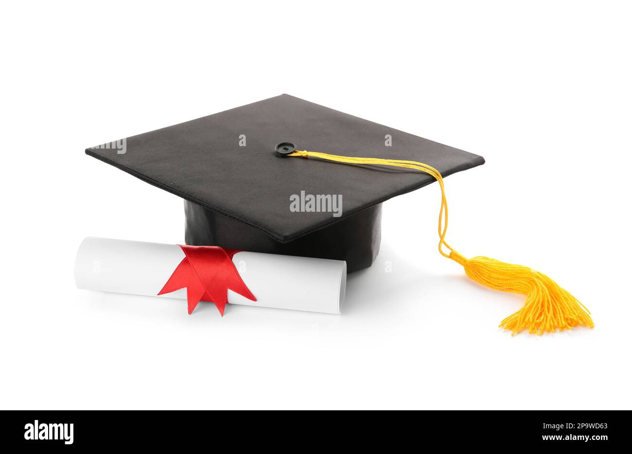 Graduation hat and diploma on white background Stock Photo - Alamy
