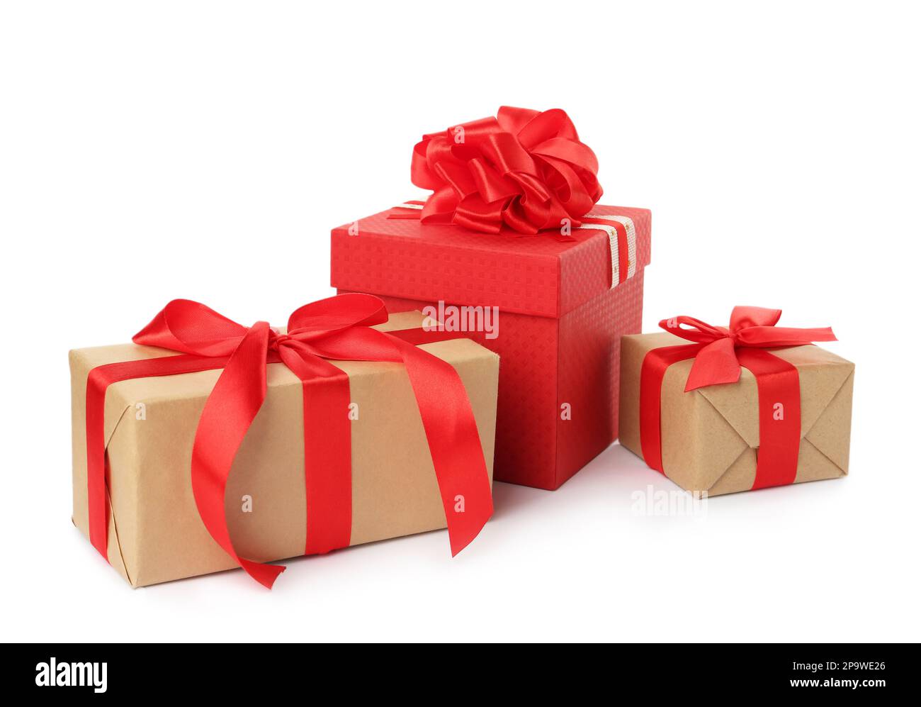 Gift boxes with red bows on white background Stock Photo - Alamy