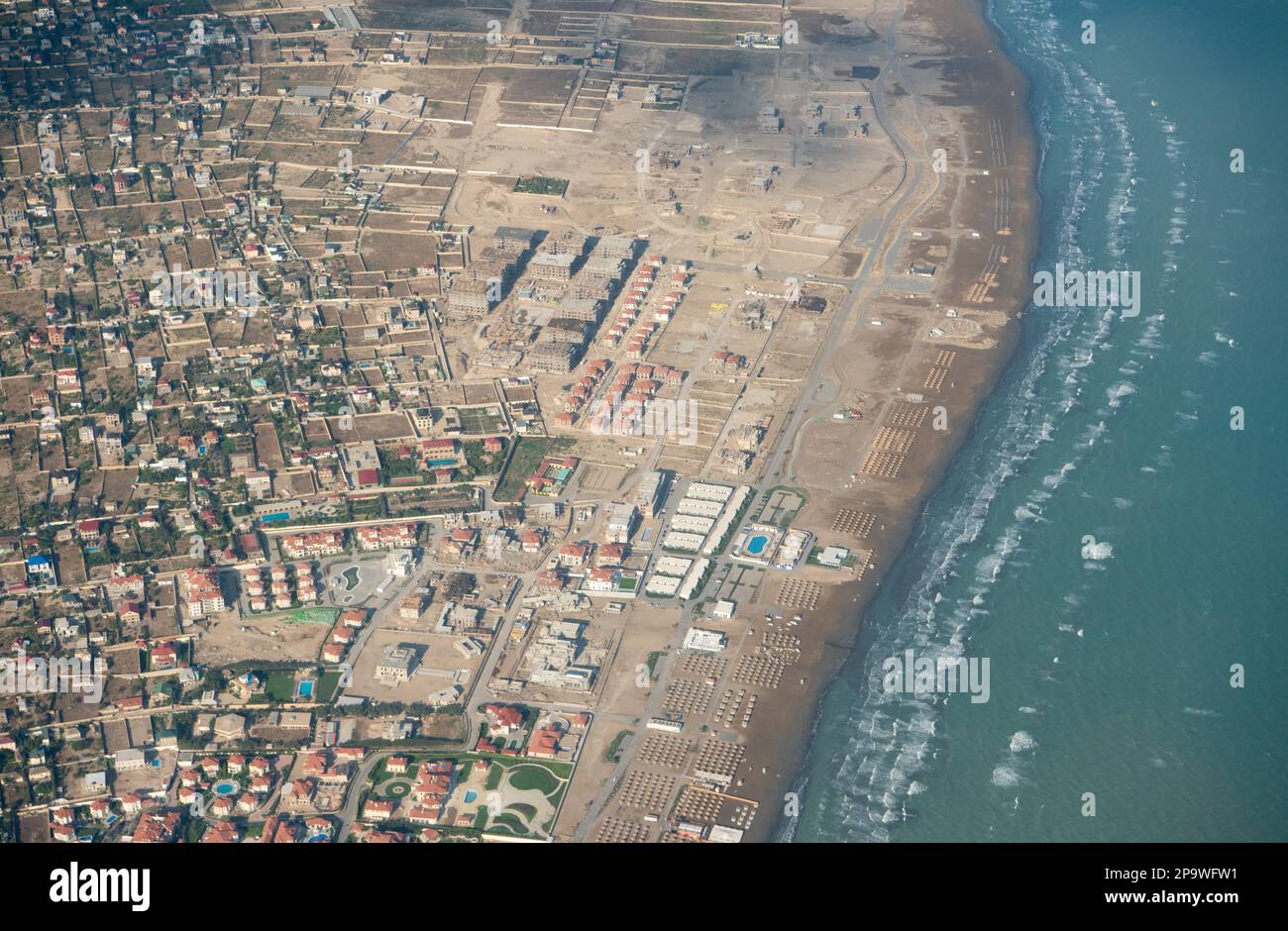 Baku, Azerbaijan – August 10, 2022. View over the Caspian coast in Nardaran settlement north of Baku. Stock Photo