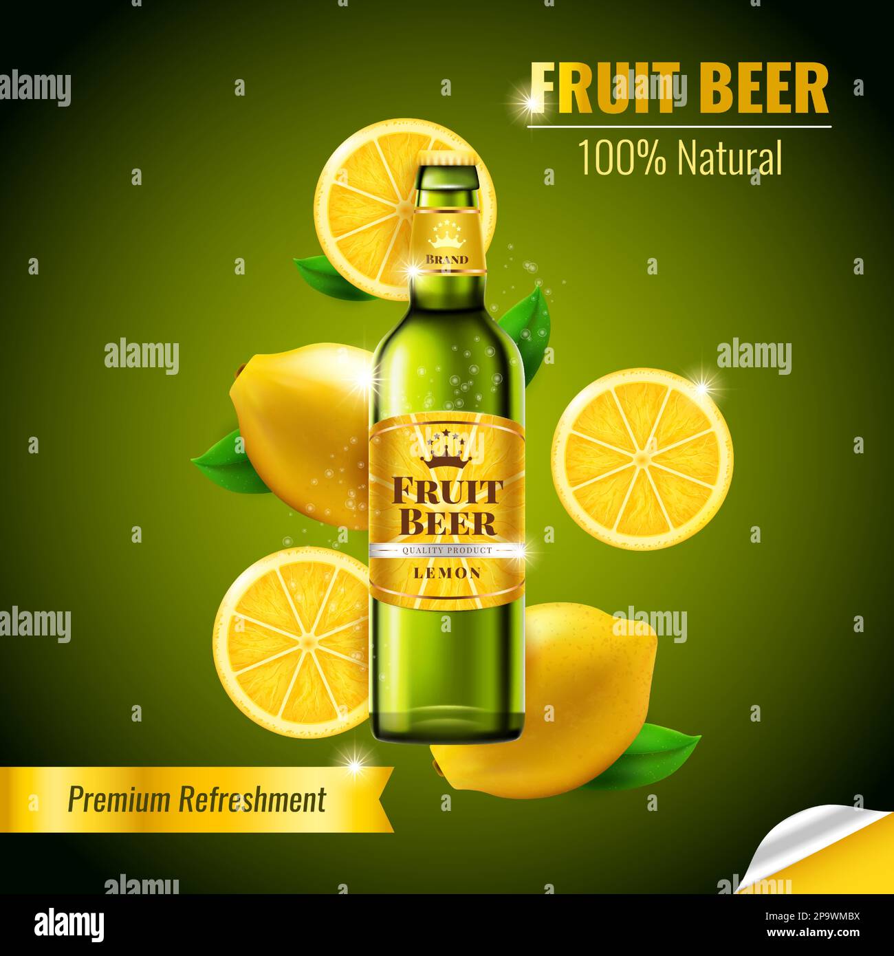 Fruit beer drink. Realistic advertising banner. Lemon or lime fresh beverage. Alcohol product ad