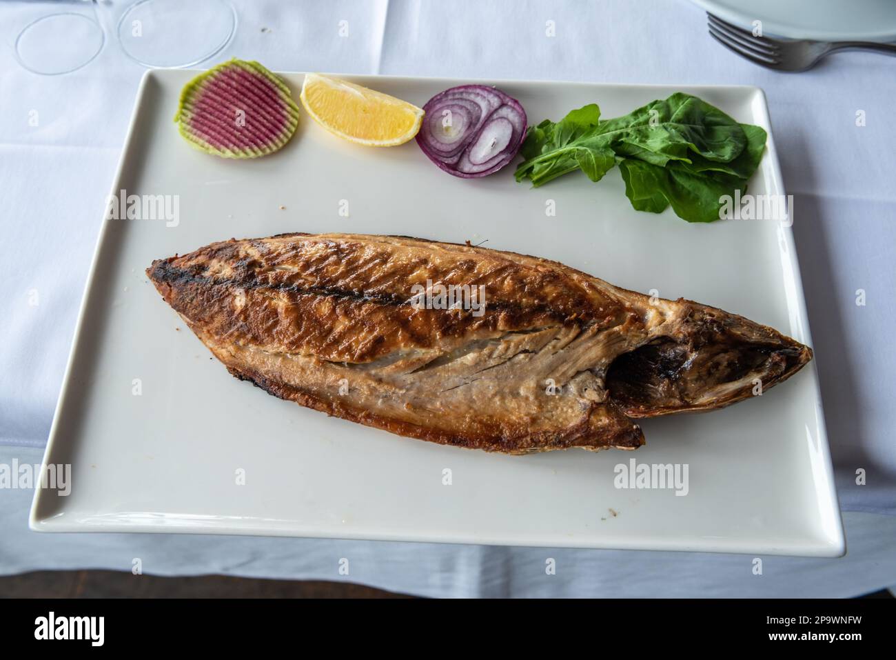 Plate of Atlantic bonito (palamut) fish with salad in Turkey. Stock Photo