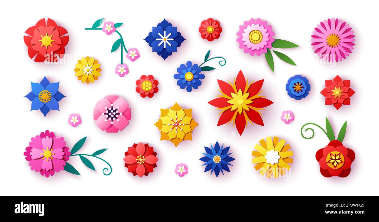 3d paper craft flowers, origami colorful elements. Color shapes with  shadows, yellow, pink and white, nature spring blossom. Botanical isolated  decorative elements vector design contemporary icons set Stock Vector Image  & Art 
