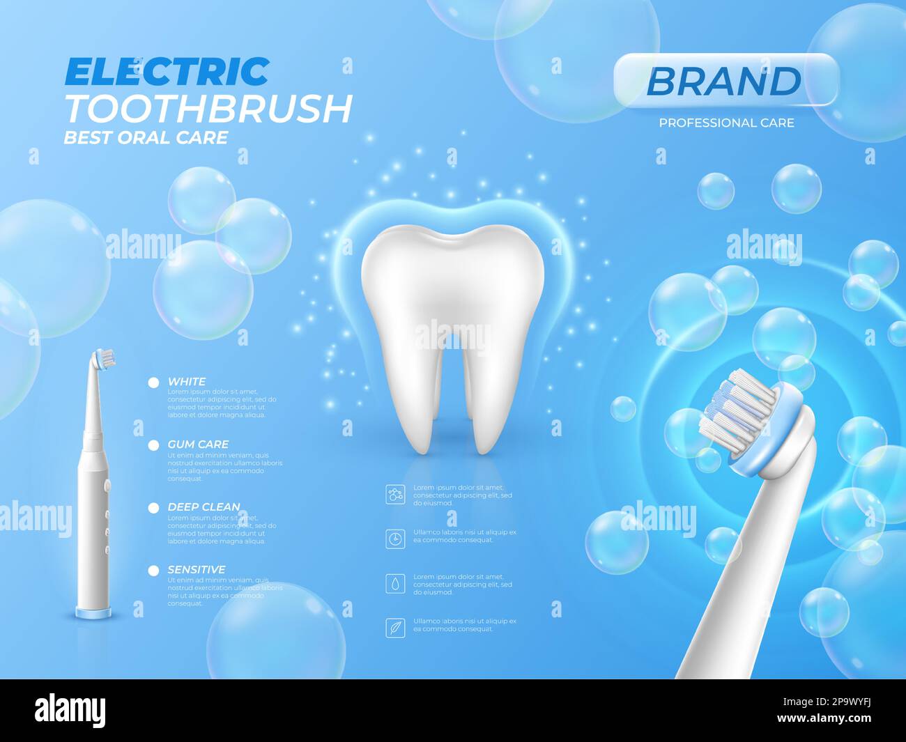 Cleaning toothbrush poster. Whiting bristle. Realistic electrical teeth