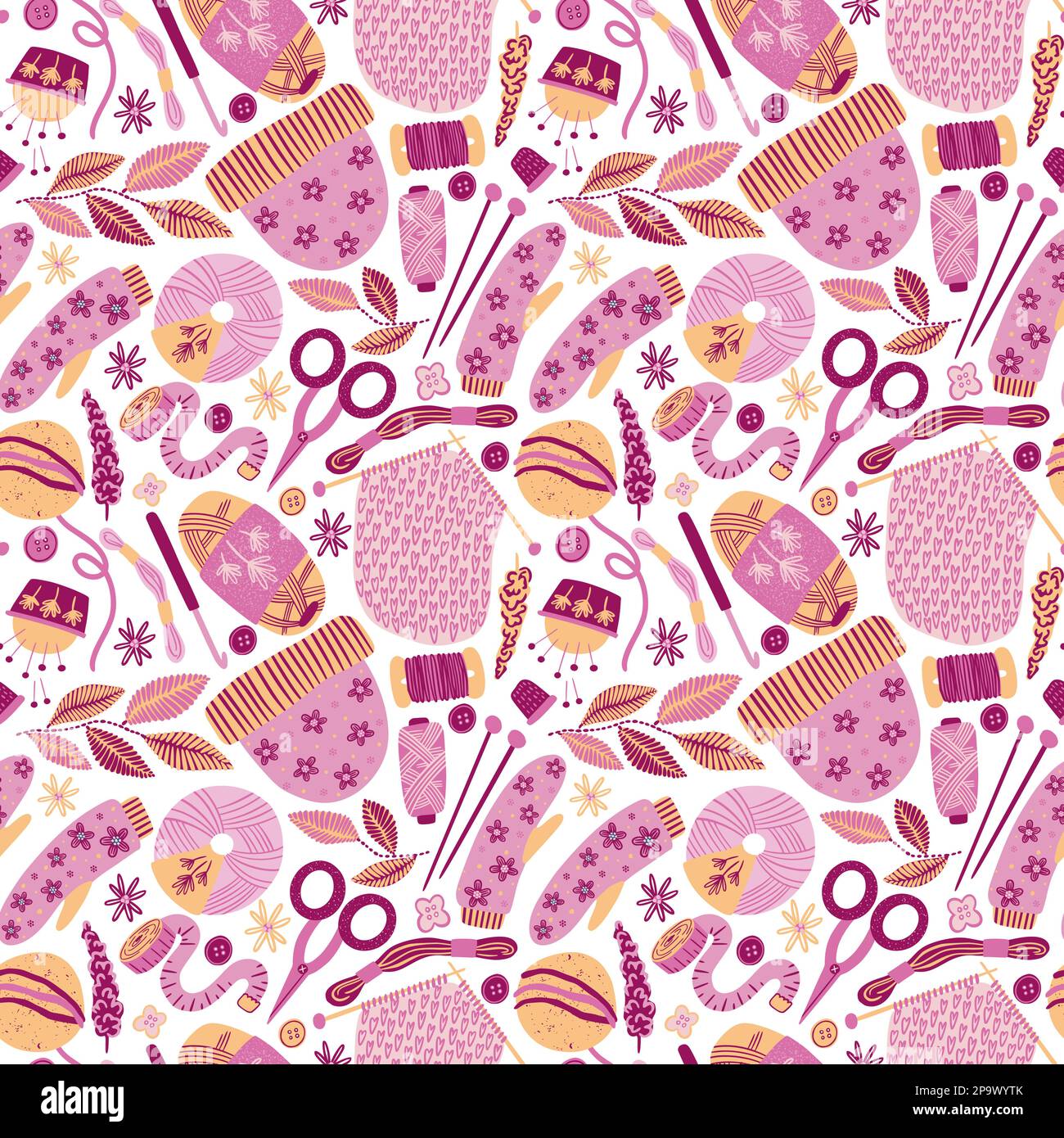 Cute yarn pattern. Needle and crochet knitting. Wool ball. Fashion