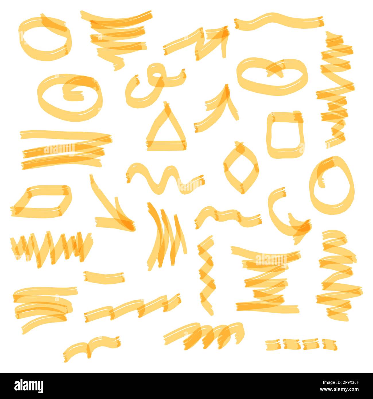 Marker swirls. Highlighter or felt pen drawing. Arrows and geometric shapes. Abstract marks. Doodle brush sketch. Line strokes. Heart symbol. Scribble brushstroke. Vector design yellow underlines set Stock Vector