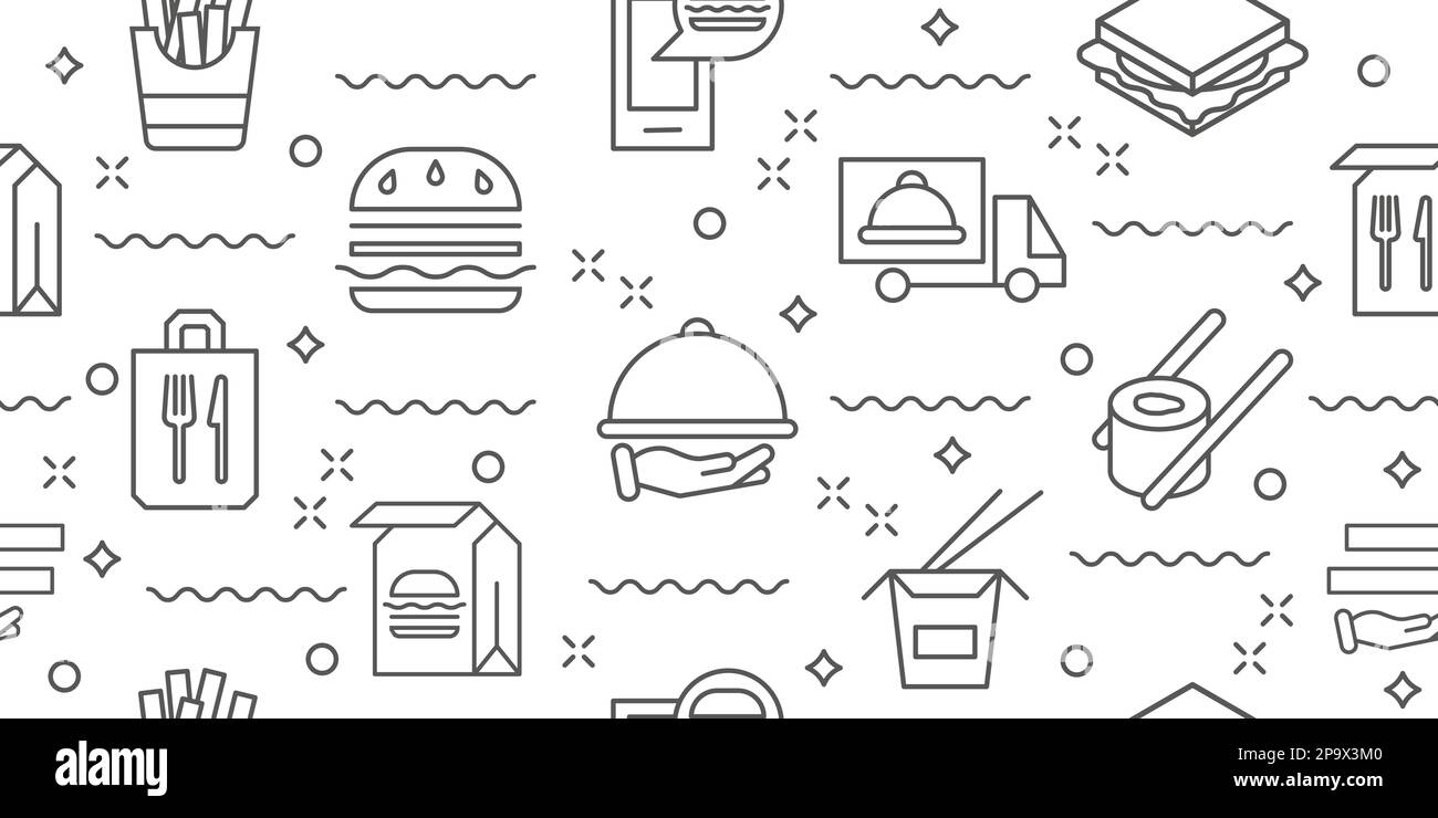 Food delivery pattern. truck, hamburger and line sushi, order