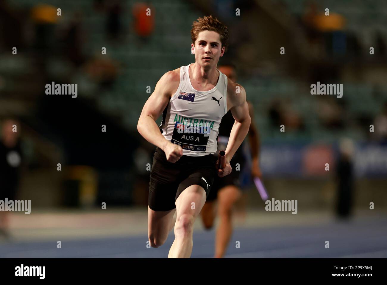 Rohan Browning wins the Men 4x100 Metres Relay for Australia A during