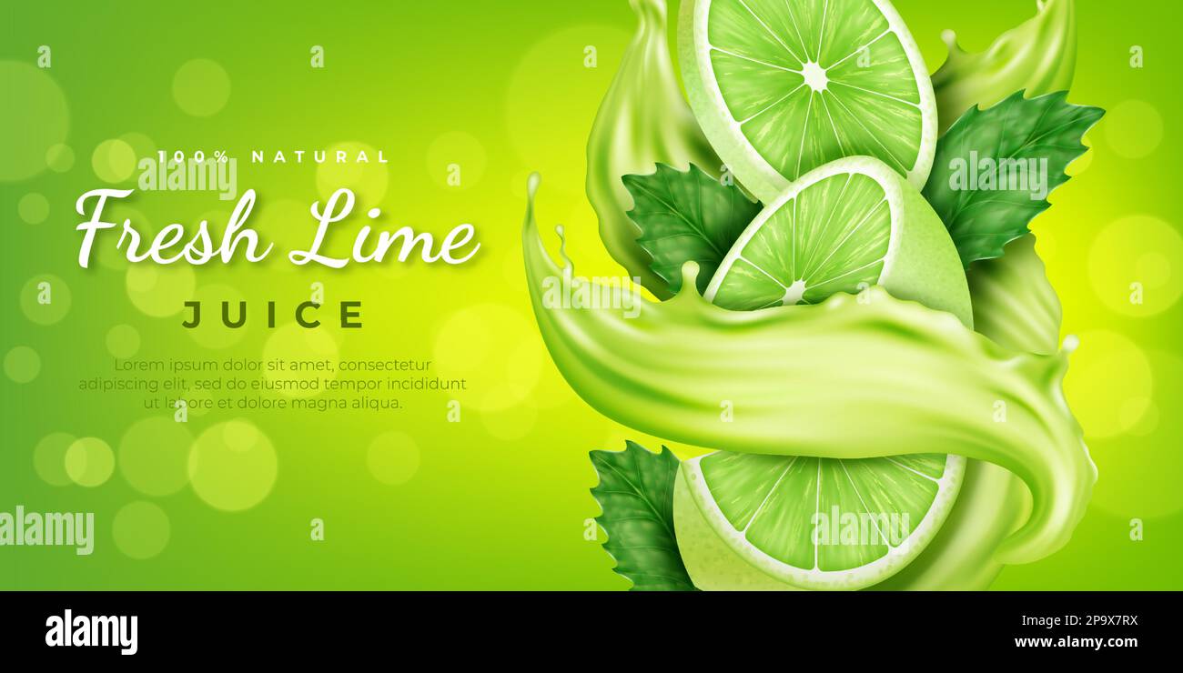 Lime in splash, green juice poster. Slice of lemon citrus, fresh fruit