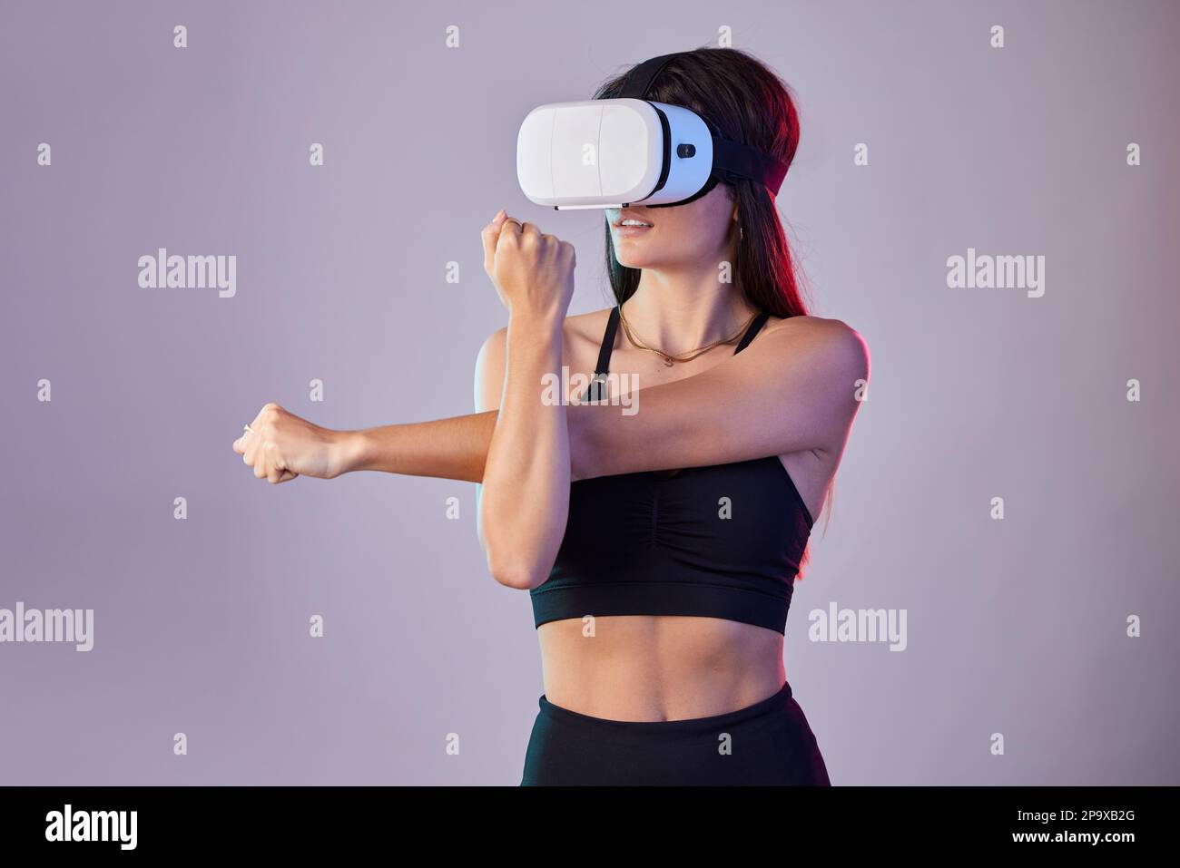 Virtual reality, fitness and woman stretching in metaverse studio