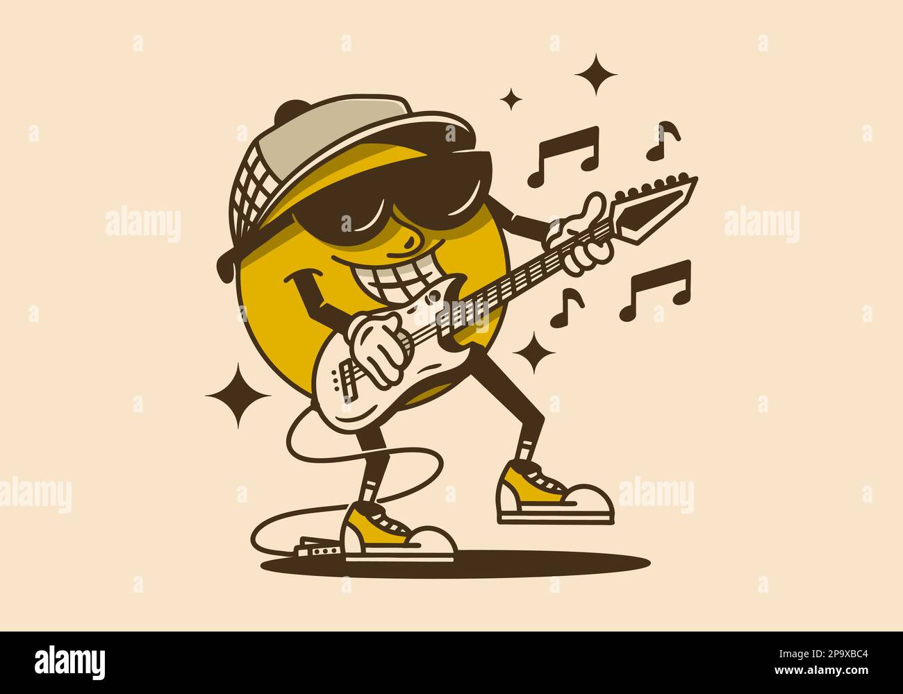 Mascot character design of a yellow ball playing rock music with guitar Stock Vector
