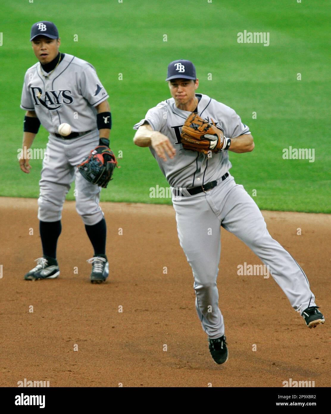 Tampa Bay Rays shortstop Ben Zobrist, right, throws out Cleveland ...