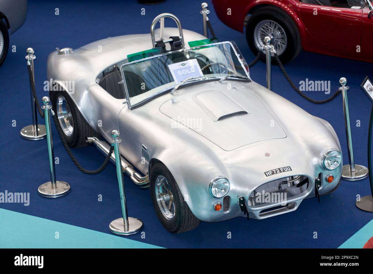 Aerial View of a silver, 2022, DBR 427SC Cobra Reproduction, on display at the 2023 London Classic Care Show Stock Photo