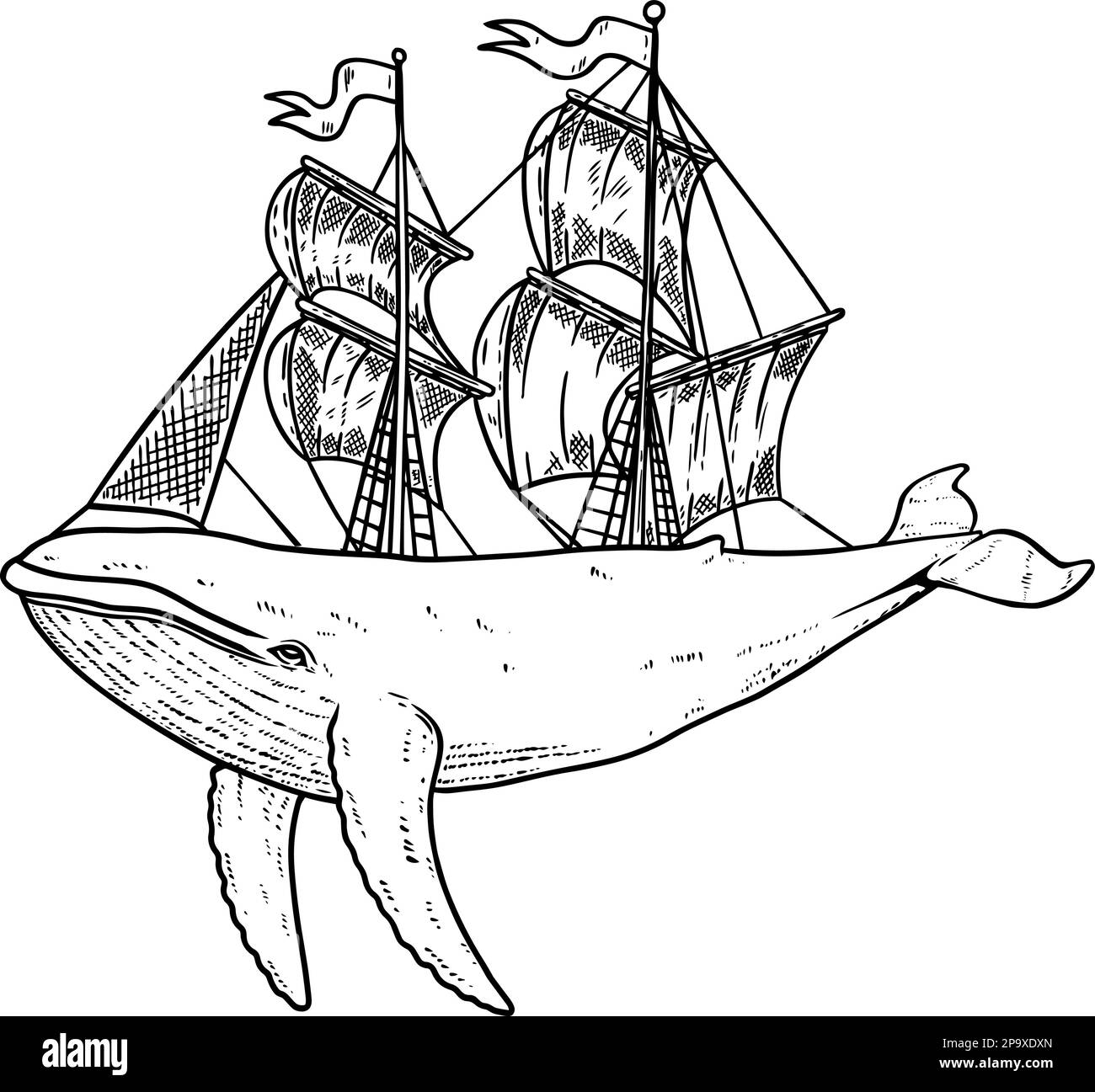 Sailing whale. Illustration of the whale with ship sails. Design