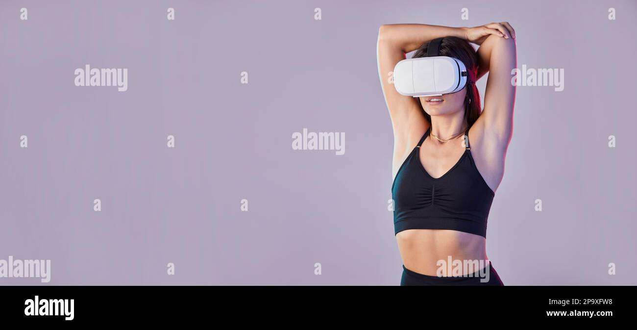 Vr, fitness and woman stretching arm in metaverse studio isolated on