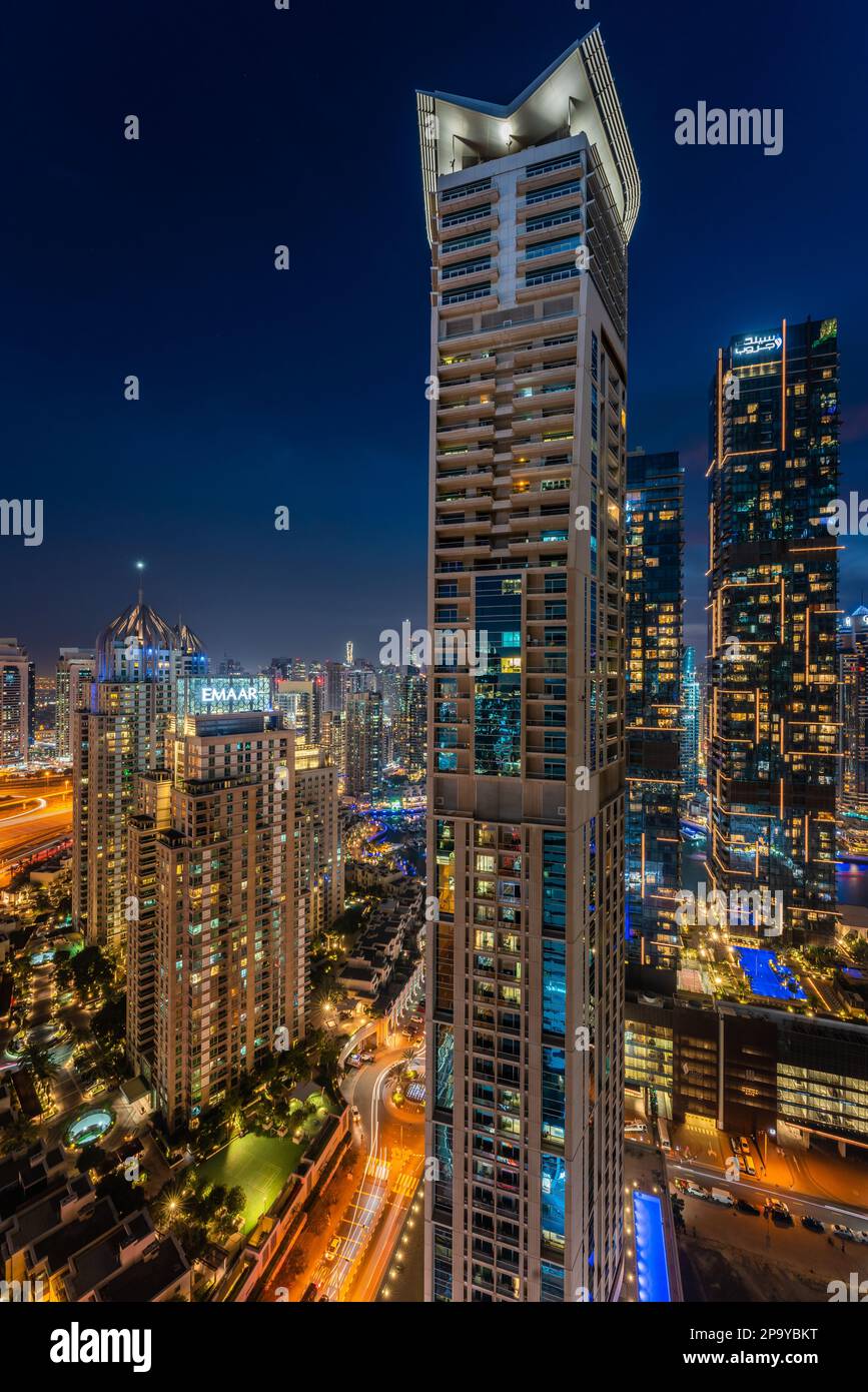 The high rise apartment skyscrapers of Dubai Marina taken just before