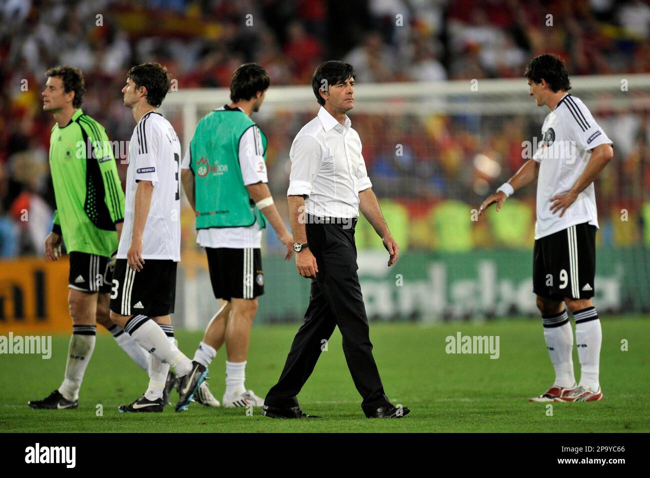 Germany's head coach Joachim Loew, center, reacts at the end of the Euro 2008 final between Germany and Spain in the Ernst-Happel stadium in Vienna, Austria, Sunday, June 29, 2008, the last day of the European Soccer Championships in Austria and Switzerland. Spain defeated Germany 1-0. (AP Photo/Martin Meissner) Stock Photo