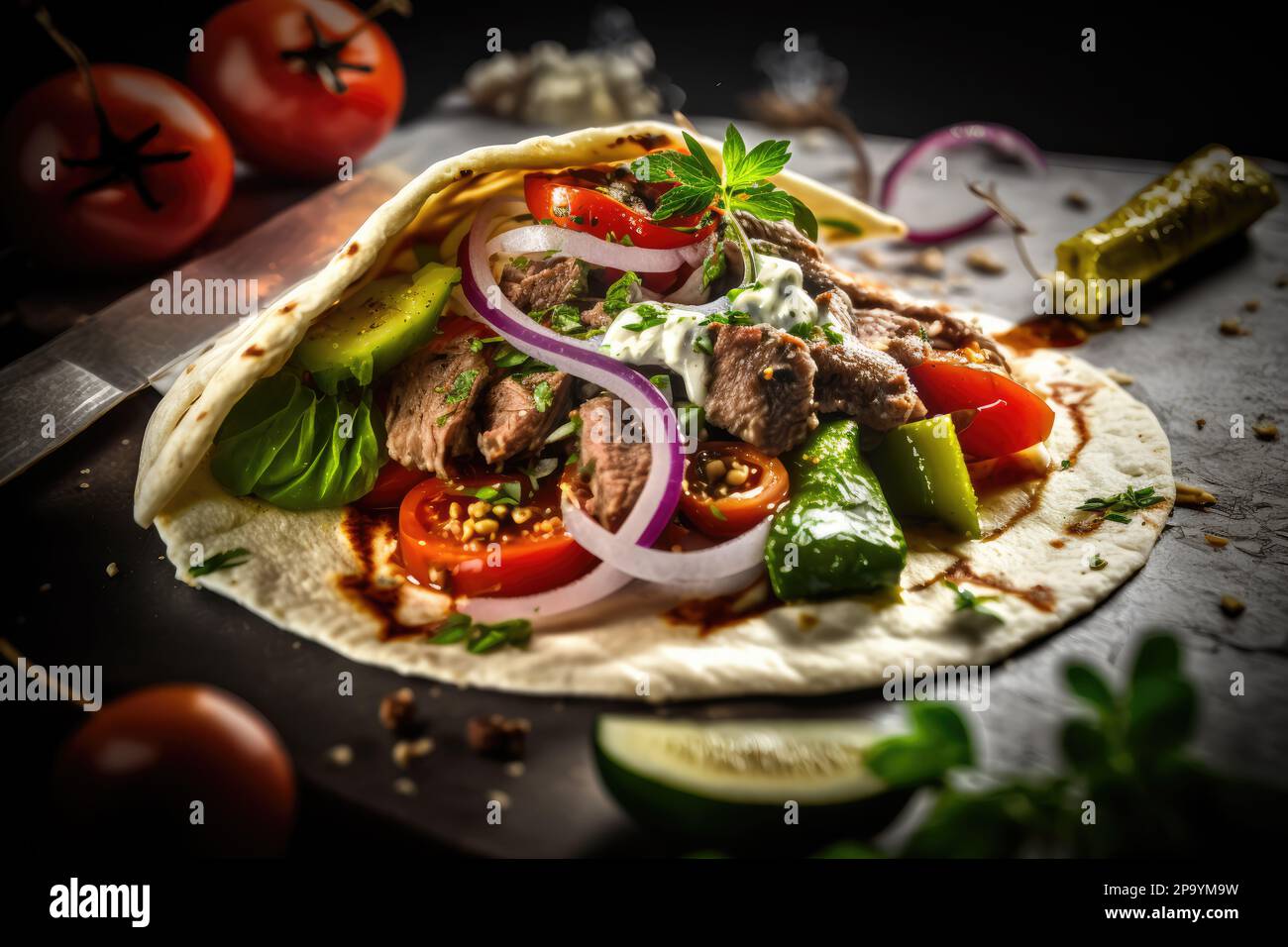 Gyro popular dish in Greece, with thinly sliced roast beef served in a pita bread with tomato