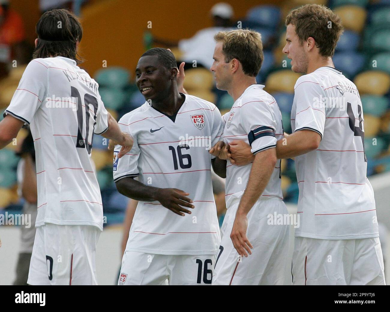 FILE ** In this June 22, 2008 file photo, USA's Freddy Adu, second from  left, celebrates with teammates Sacha Kljestan, left, Michael Bradley,  right, and Eddie Lewis, second from right, after