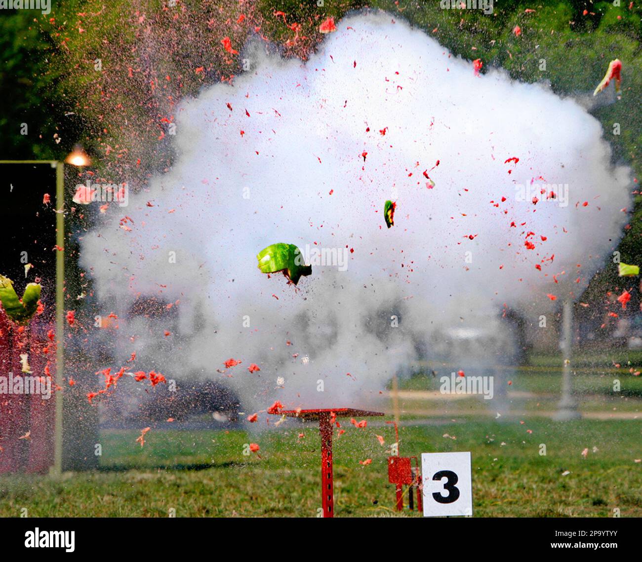 The dangerous and devastating effect of illegal fireworks is seen as a watermelon is blown apart
