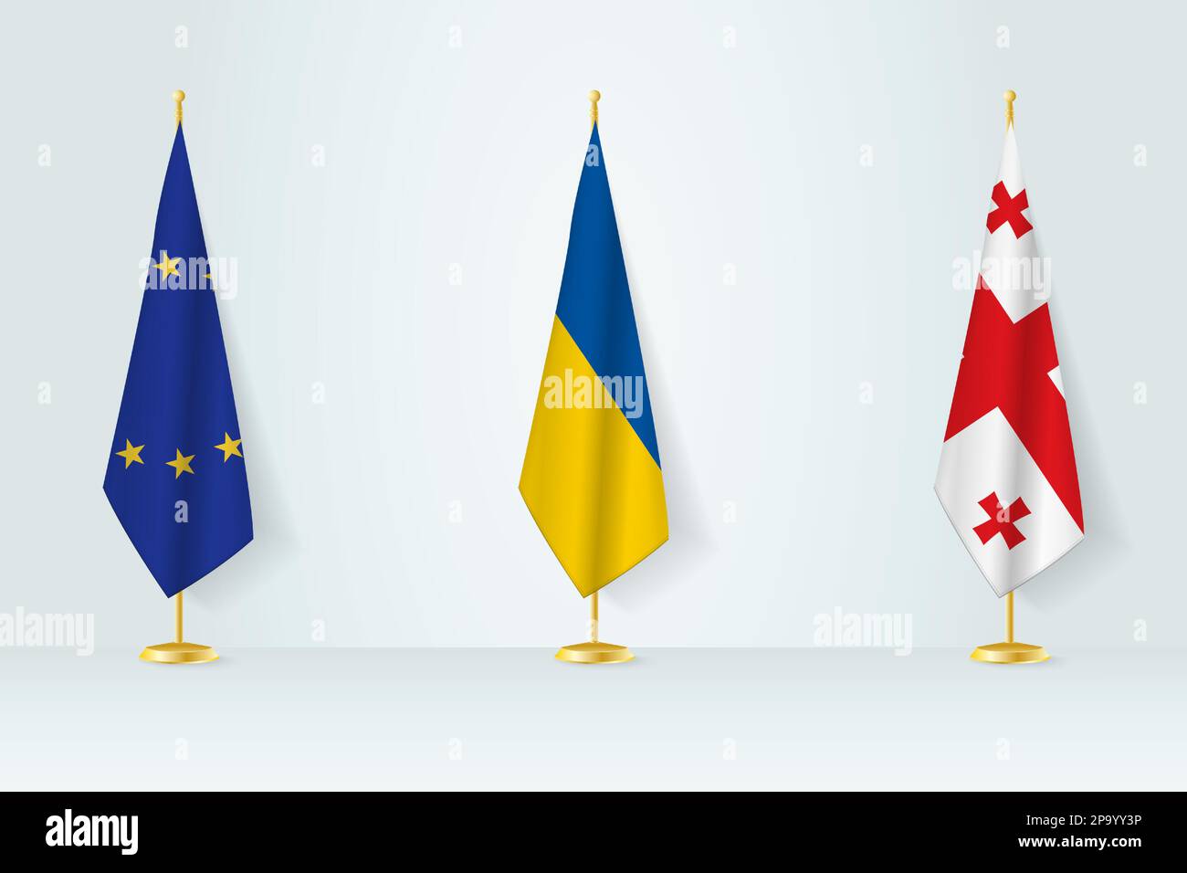 Political gathering of governments. Flags of European Union, Ukraine