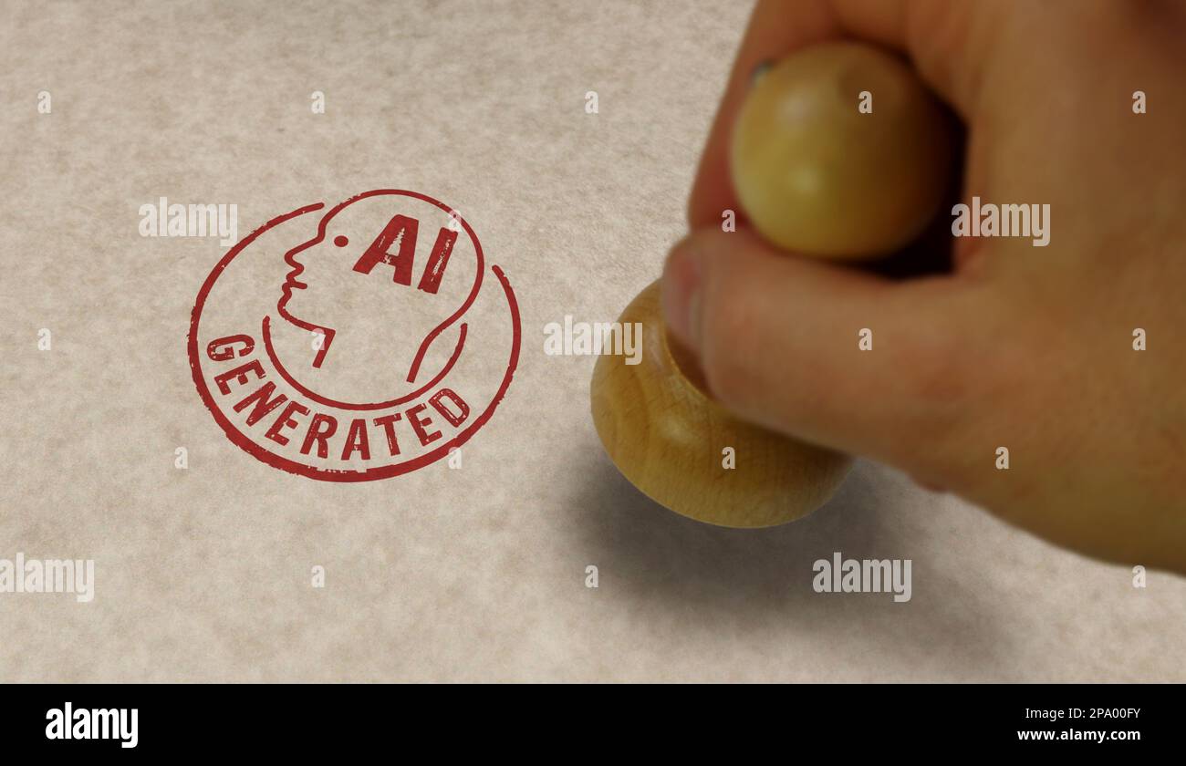 AI generated stamp and stamping hand. Artificial intelligence content and automation technology concept. Stock Photo
