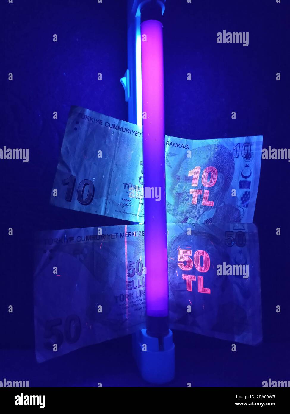 Ankara, Türkiye – February 23, 2023: Turkish lira banknotes under ultraviolet light Stock Photo
