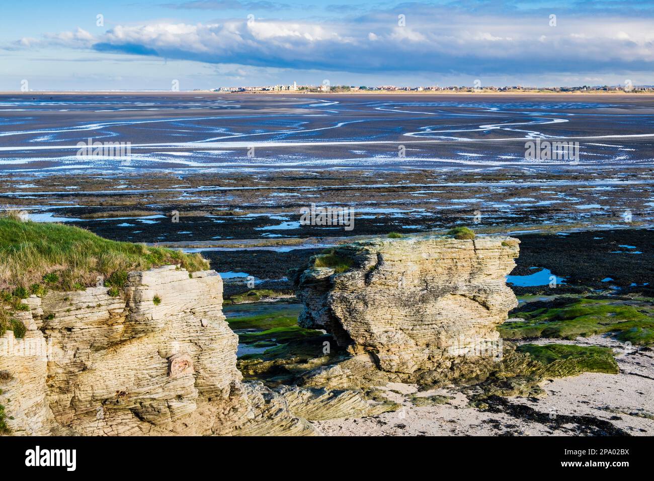 View to Hoylake from Little Hilbre island in Dee Estuary at low tide. West Kirby, Wirral Peninsula, Merseyside, England, UK, Britain Stock Photo