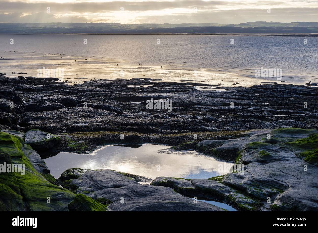 View to Flintshire in Wales from Hilbre island's rocky west coast in Dee Estuary at low tide. West Kirby, Wirral Peninsula, Merseyside, England, UK Stock Photo