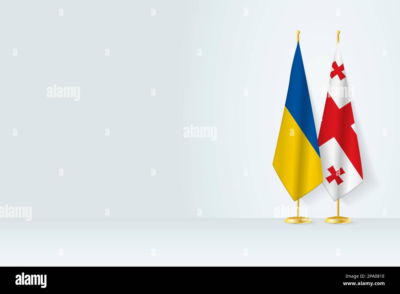 Flags of Ukraine and on flag stand, meeting between two