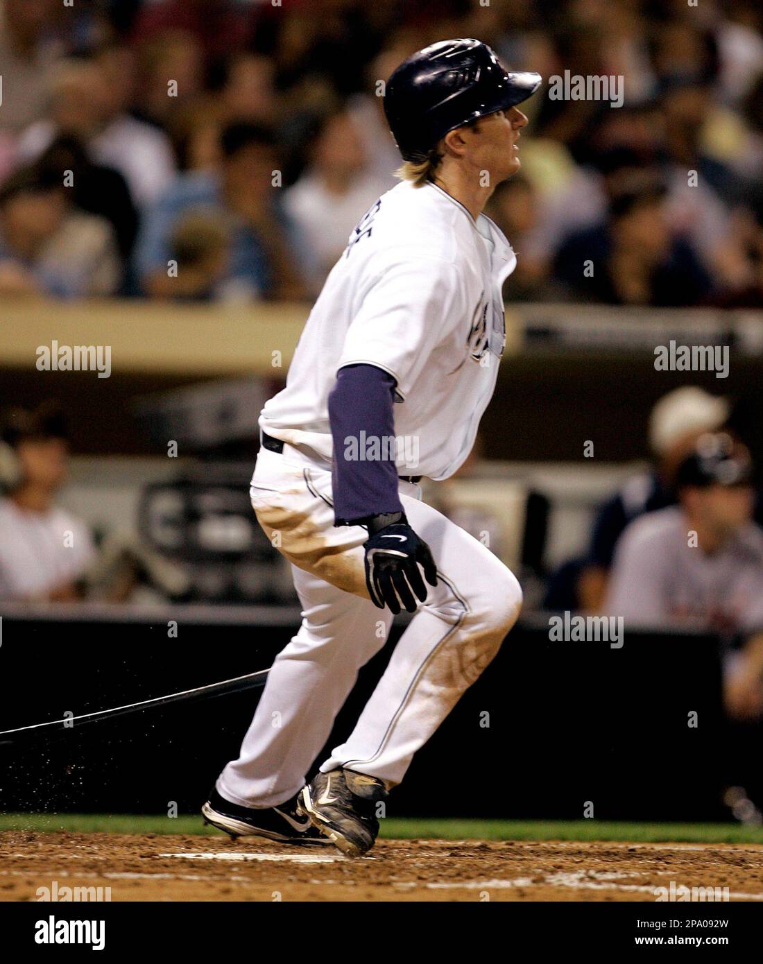 San Diego Padres' Khalil Greene stares down his solo homer as it just stays  fair against the Detroit Tigers in the seventh inning of their baseball  game Friday, June 20, 2008, in