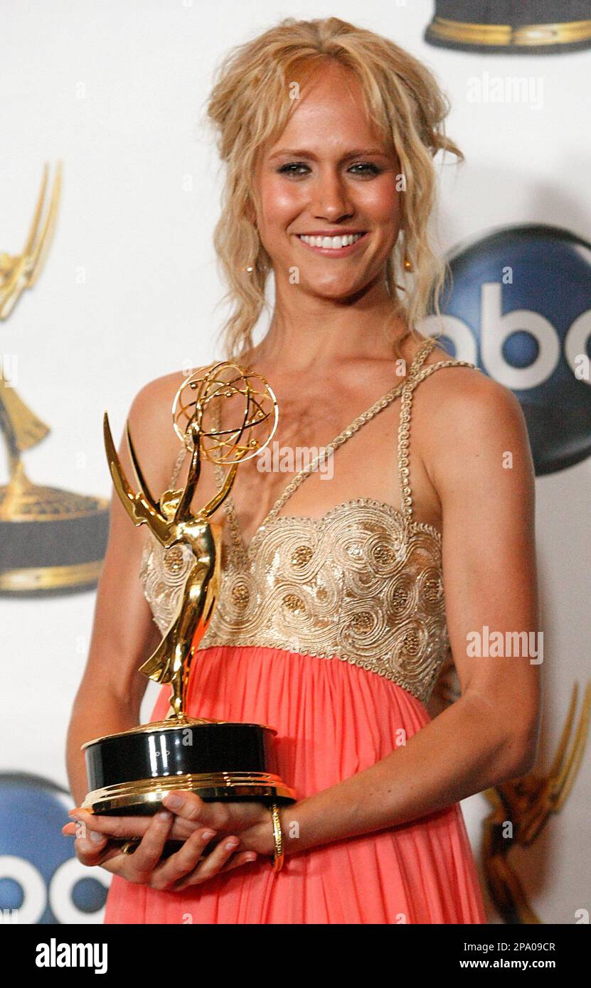 Actress Jennifer Landon poses in the press room after winning