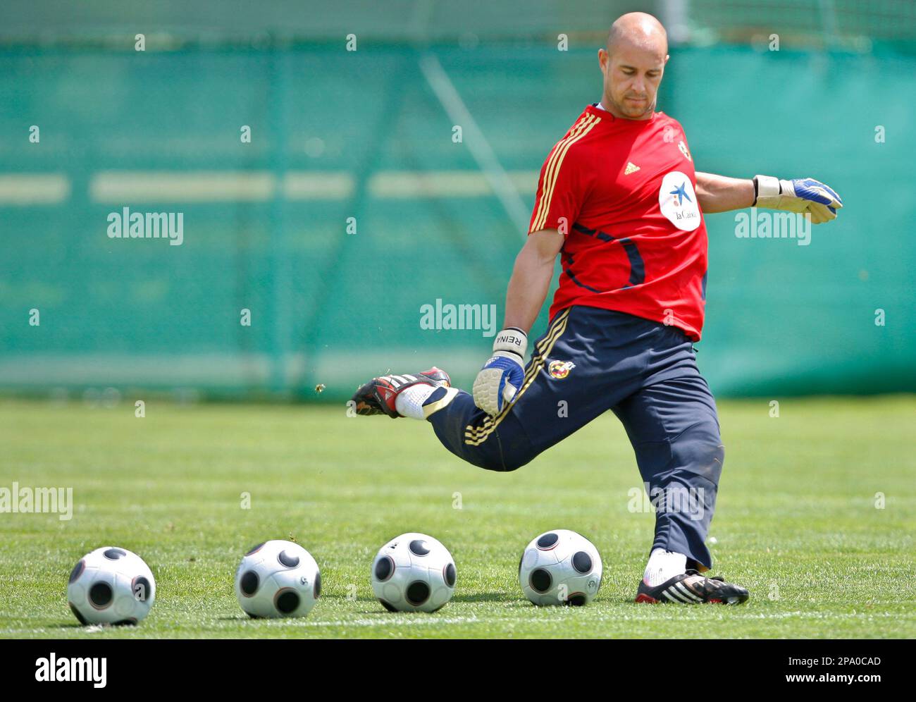 Spain Pepe Reina kicks balls during a training of the national