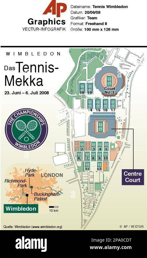 GRA102 GRAFIK TENNIS WIMBLEDON - Detaillierter Plan der Tennisanlage in  London, Stadtkarte sowie Logo des Turniers. Hochformat 100 x 126 mm Stock  Photo - Alamy