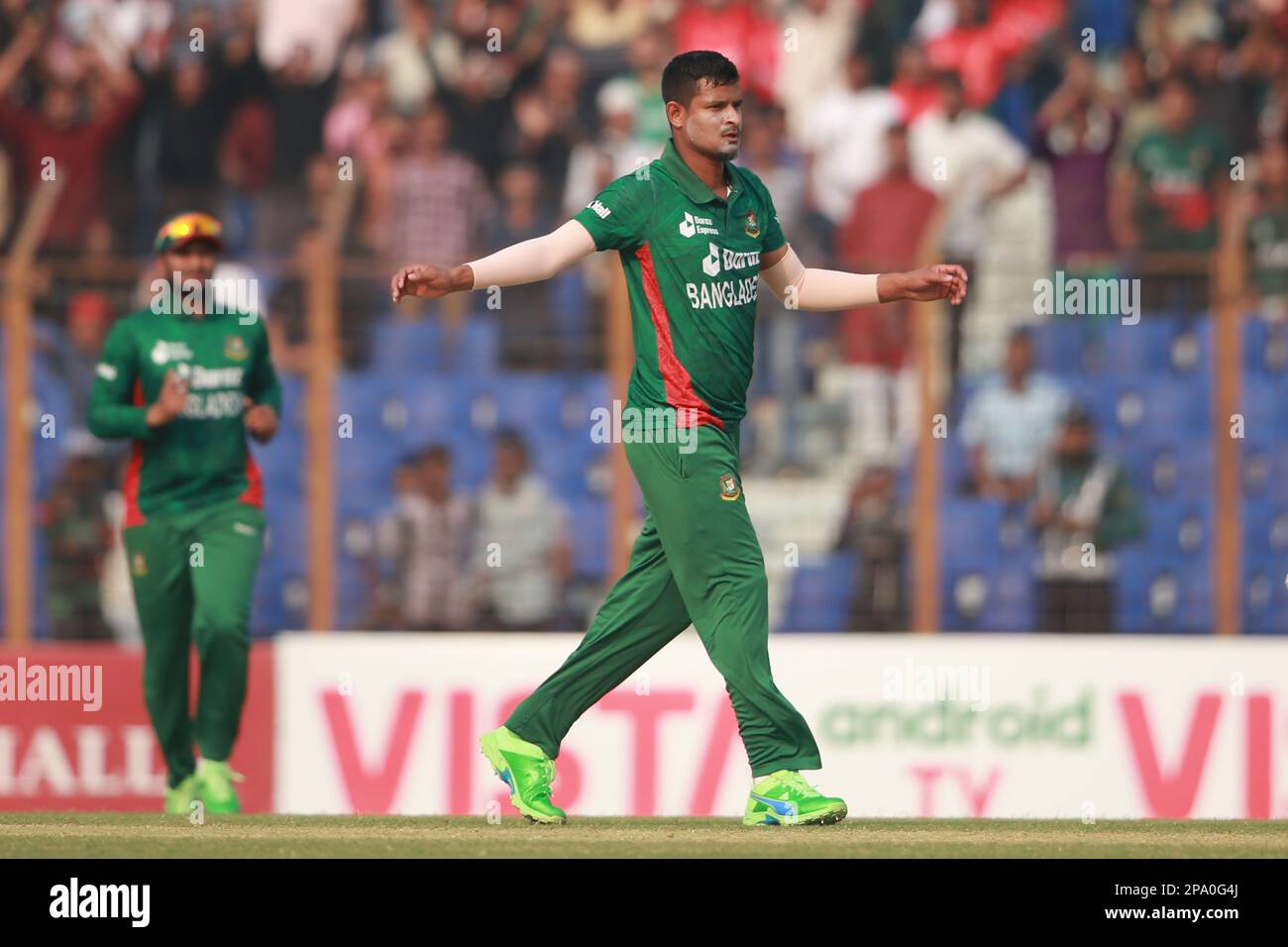 Nasum Ahmed during Bangladesh-England 1st T20I match of three match series at Zahur Ahmed Chowdhury Cricket Stadium, Sagorika, Chattogram, Bangladesh. Stock Photo